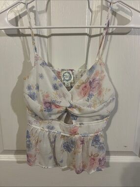 Blue Rain White Floral Twist-Front Spaghetti Strap Top